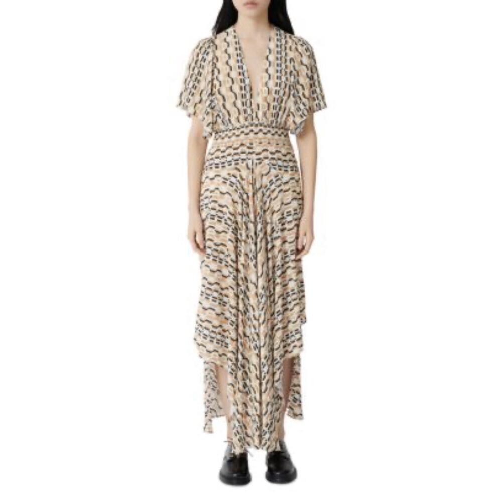 Maje Chain Link V Neck Flutter Sleeve Asymmetrical Rachelle Maxi Dress 42